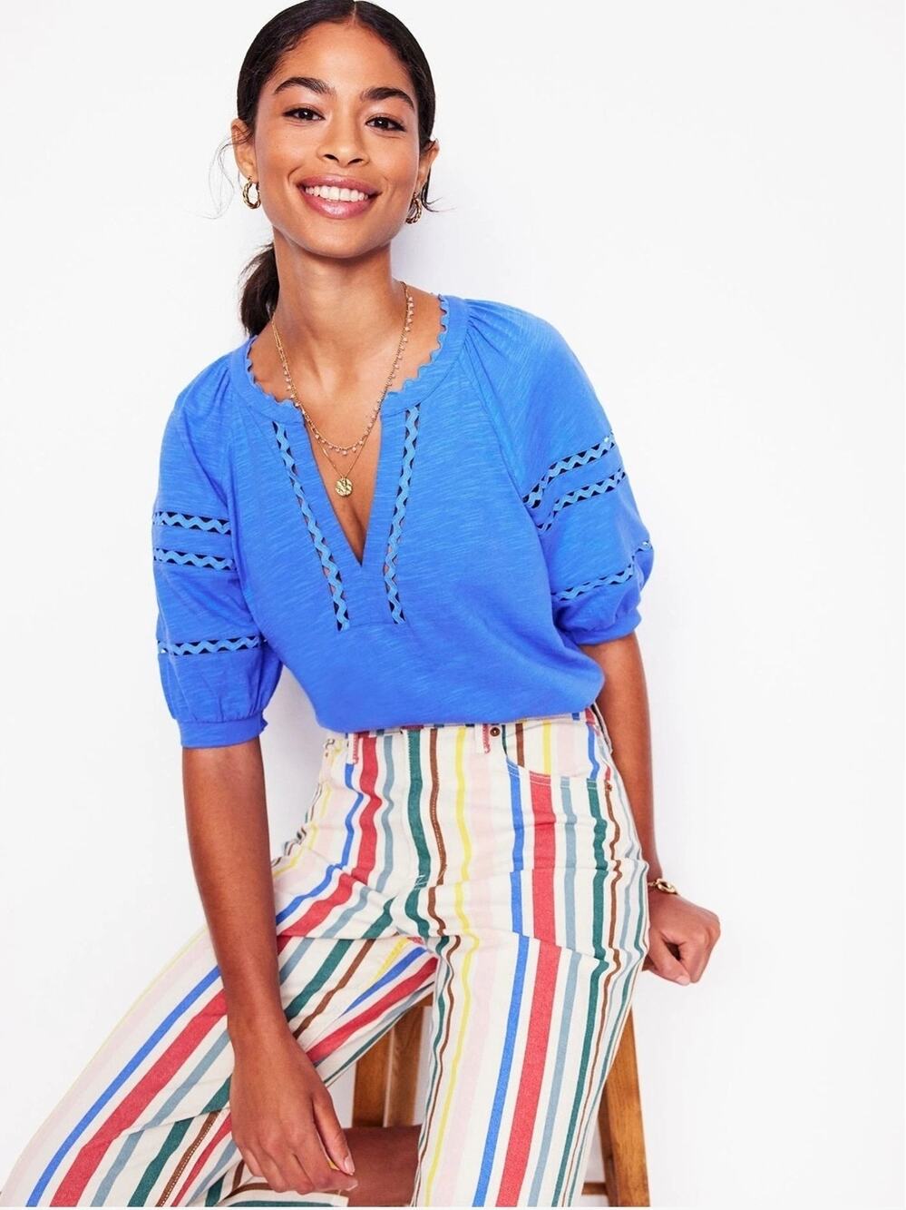 Boden Blue Maisy Rikrak Trim Cotton Top US 10